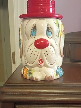 Vintage Playful Ceramic Dog Cookie Jar - Red Hat, White Body Made In Brazil
